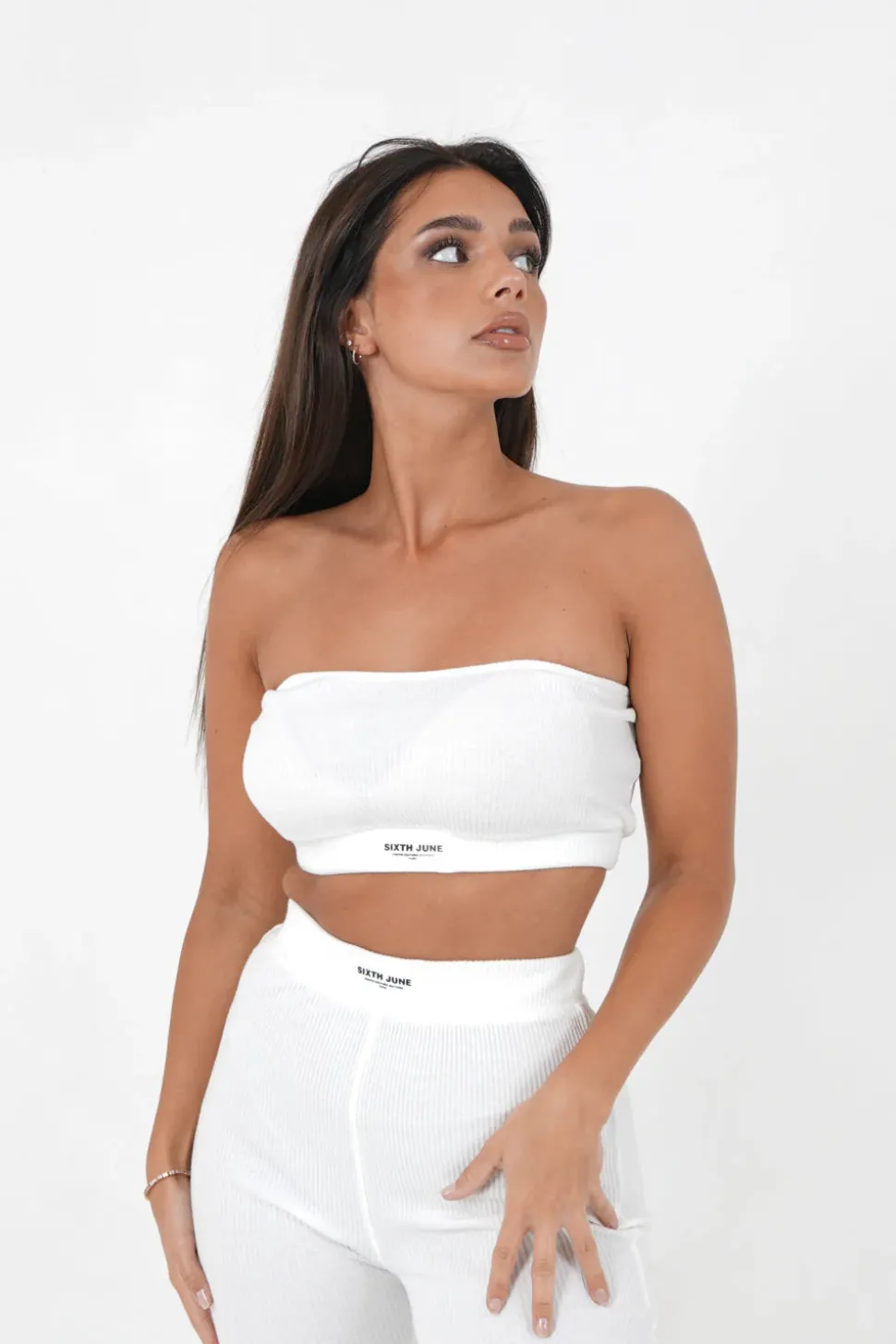 Brassiere Sans Bretelles Cotelee Blanc Casse
