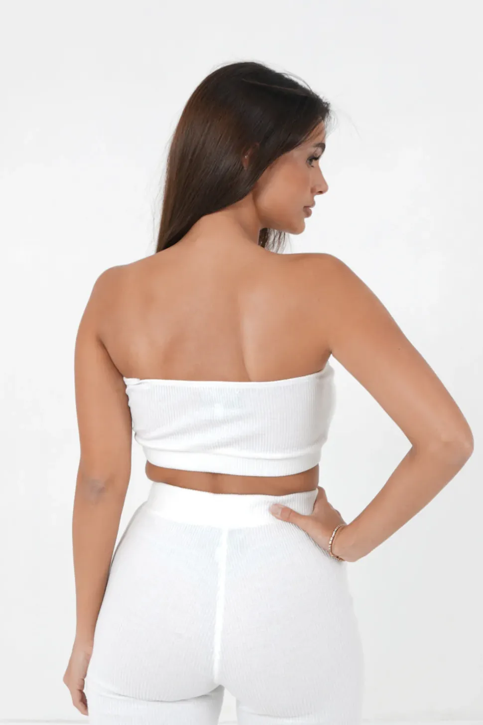 Brassiere Sans Bretelles Cotelee Blanc Casse