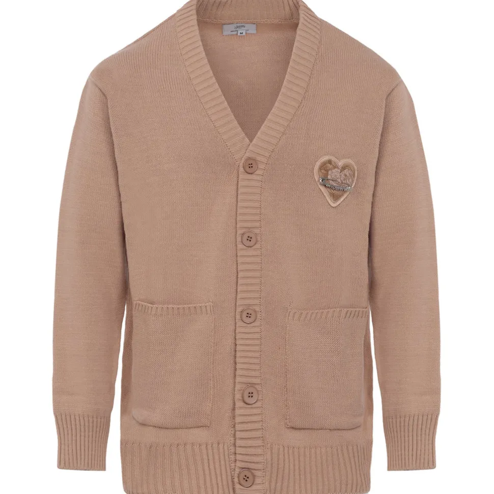 Cardigan Maille Coeur Brode Beige Fonce