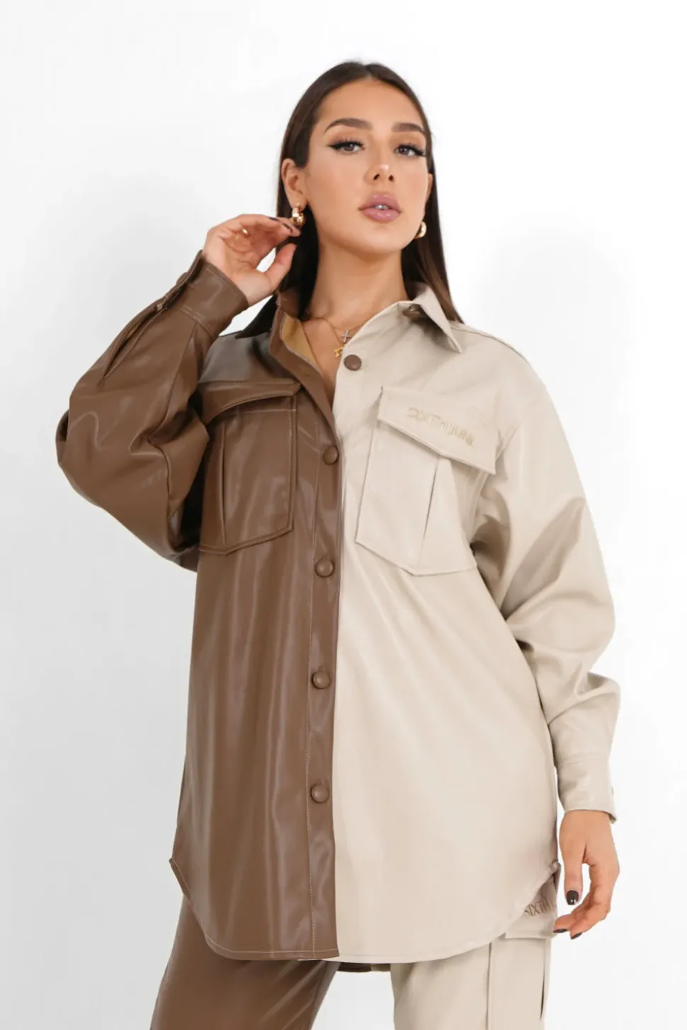 Chemise Bicolore Simili Cuir Beige