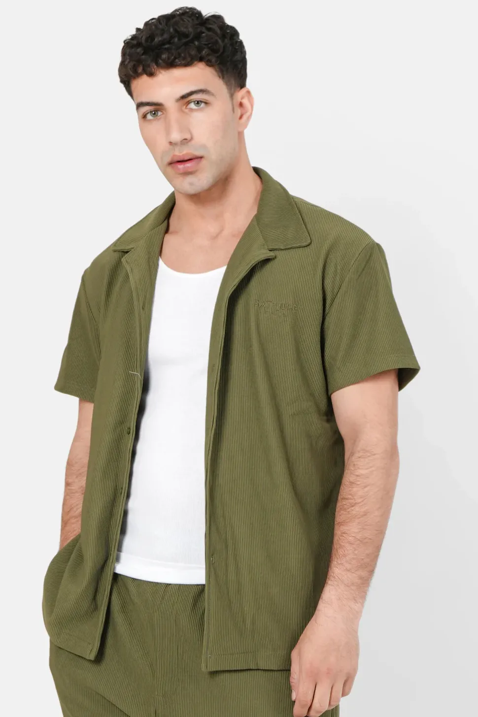 Chemise Manches Courtes Plisse Vert Kaki