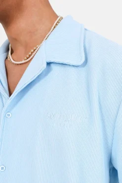 Chemise Manches Courtes Plisse Bleu Clair