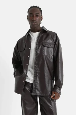 Chemise Manches Longues Simili Cuir Marron