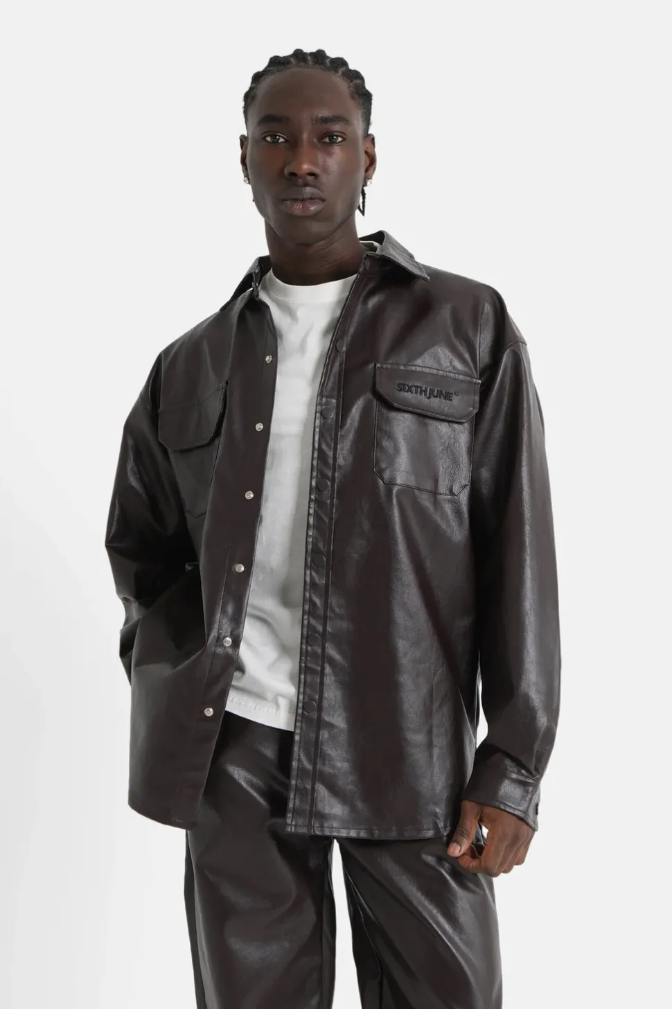 Chemise Manches Longues Simili Cuir Marron