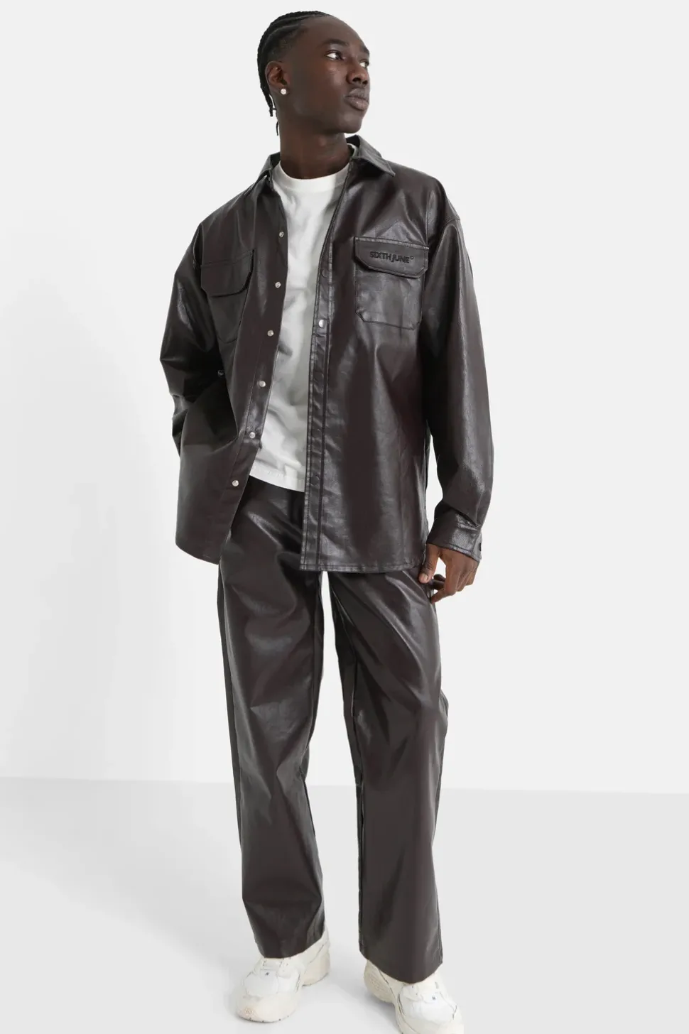 Chemise Manches Longues Simili Cuir Marron