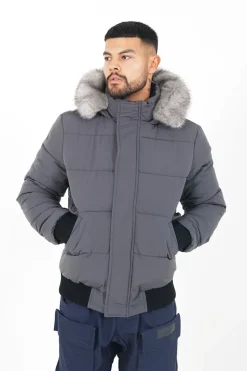 Doudoune Courte Fourrure Doublure Gris Fonce