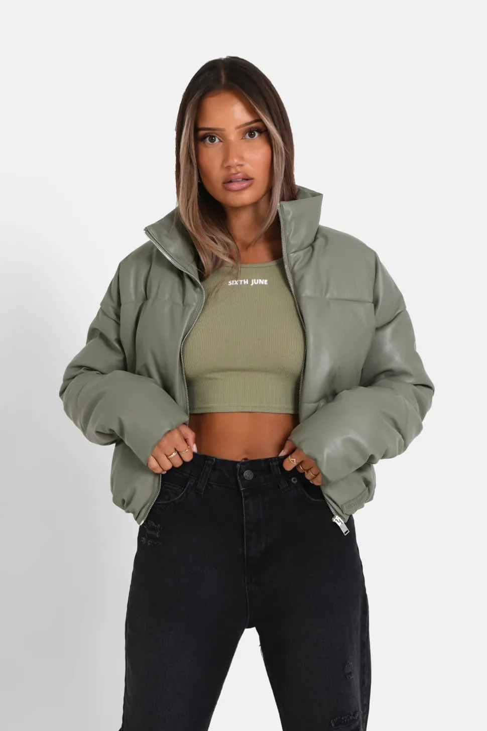 Doudoune Courte Simili Cuir Vert