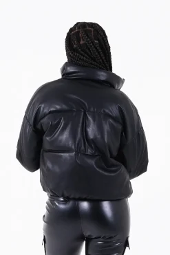 Doudoune Courte Simili Cuir Noir