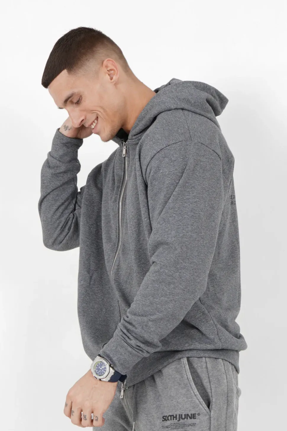 Gilet Zippe Capuche Logo Gris Fonce