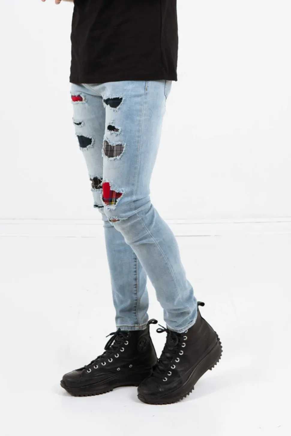 Jean Empiecements Tartan Bleu