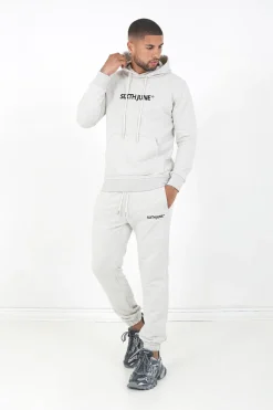 Jogging + Sweat Capuche Logo Brode Gris Clair