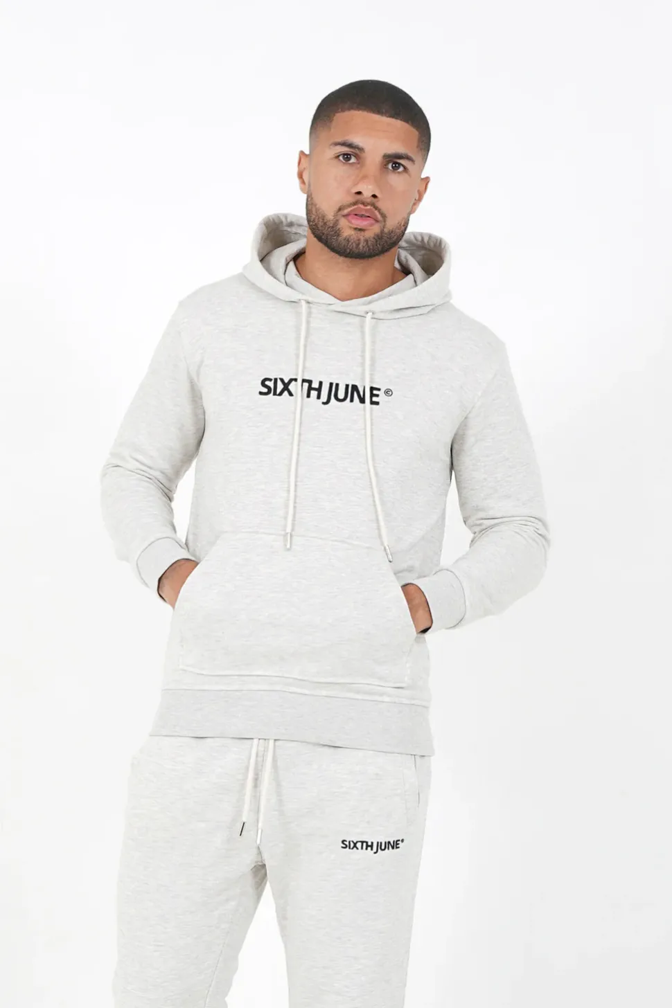 Jogging + Sweat Capuche Logo Brode Gris Clair