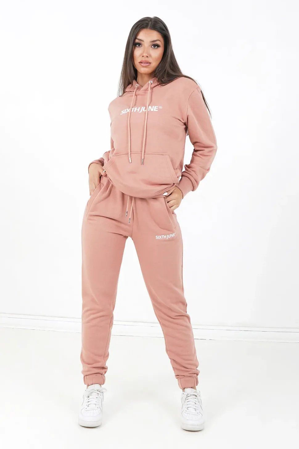 Jogging + Sweat Capuche Logo Brode Rose Fonce