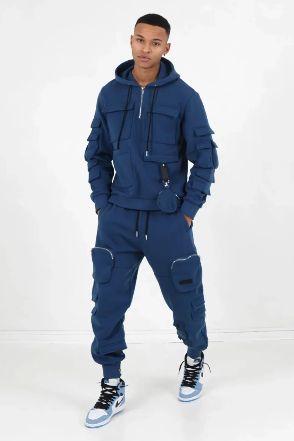 Jogging Cargo Poches Zip Bleu Fonce