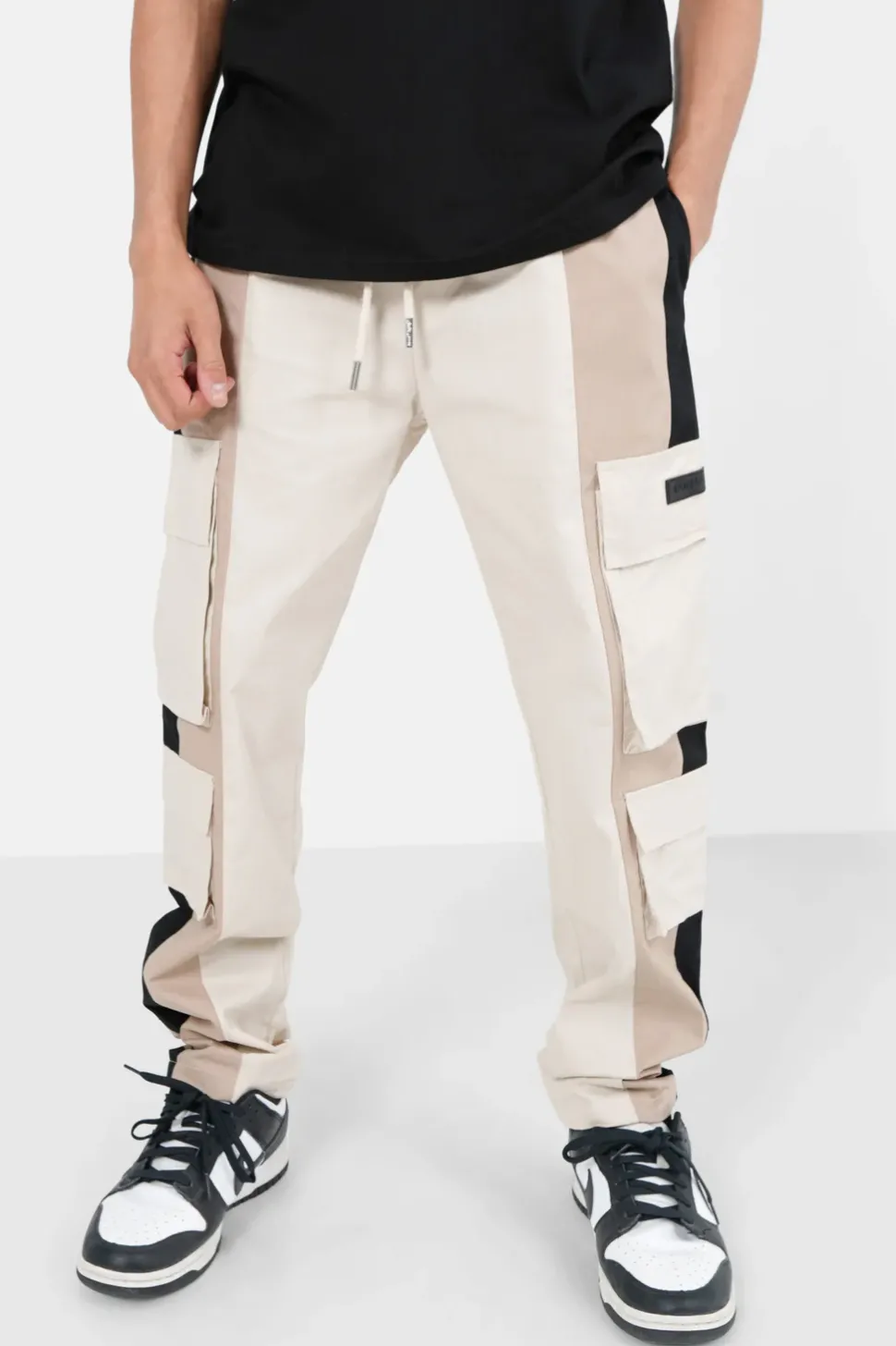Pantalon Cargo Bicolore Bandes Beige