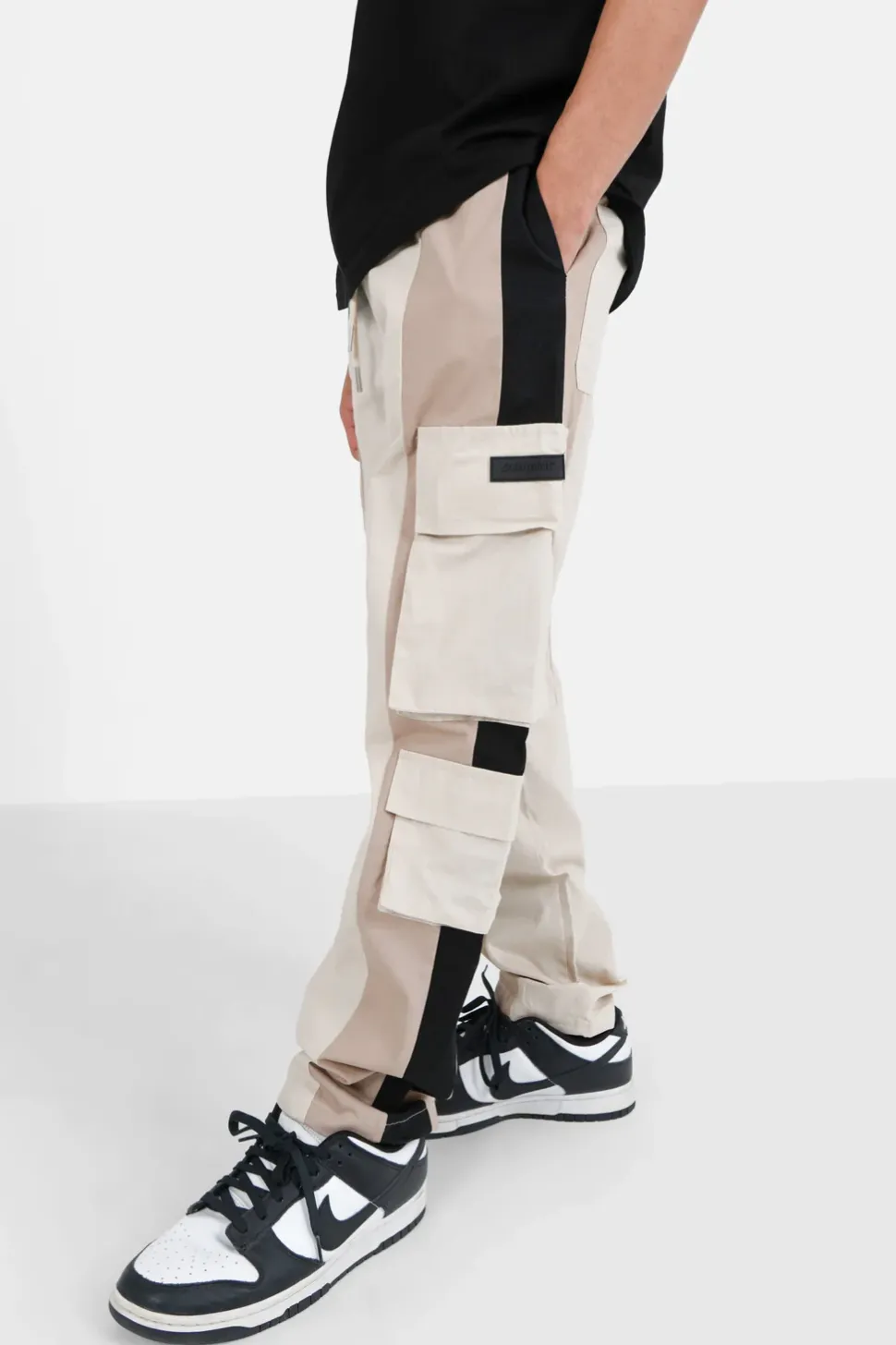 Pantalon Cargo Bicolore Bandes Beige
