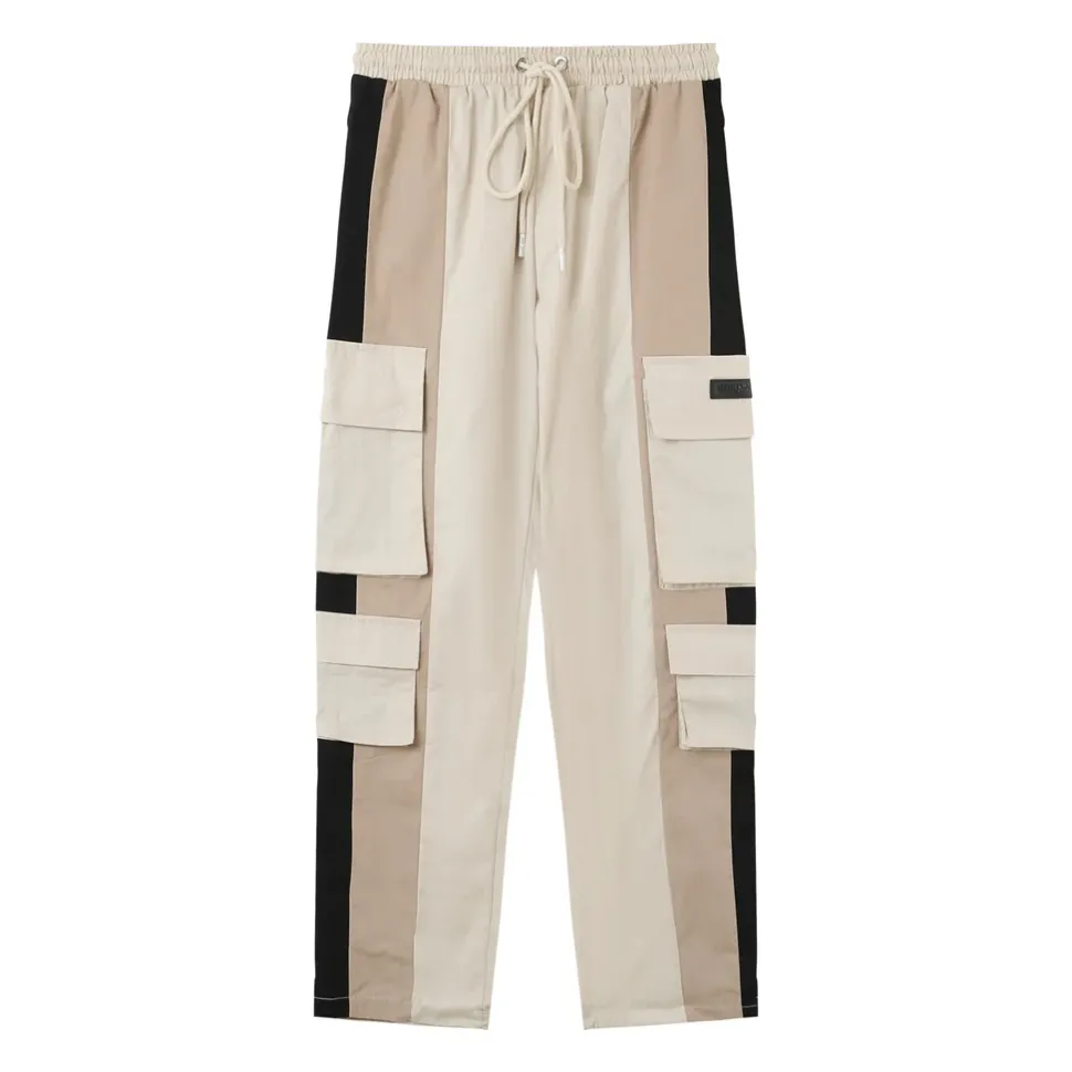 Pantalon Cargo Bicolore Bandes Beige