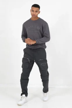 Pantalon Cargo Broderies Poche Gris Fonce