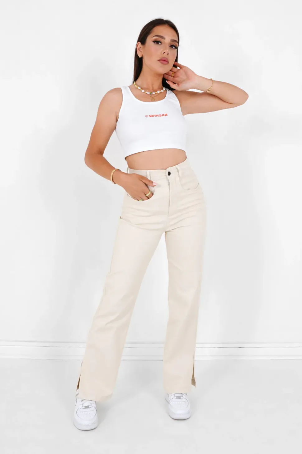 Pantalon Droit Fentes Blanc