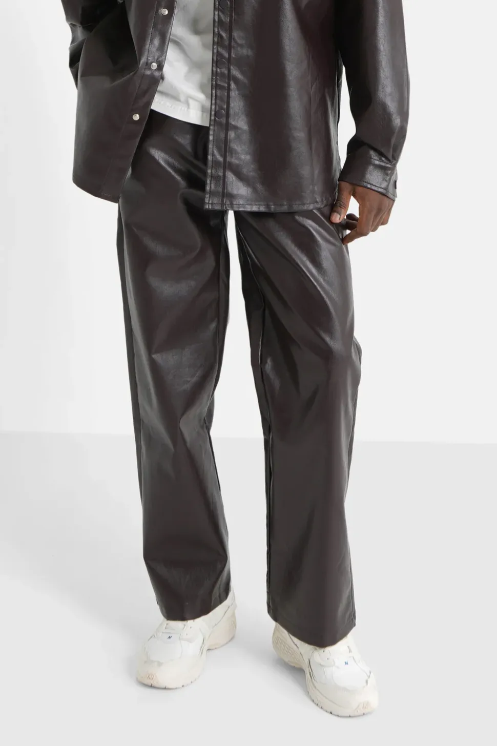Pantalon Droit Simili Cuir Marron Fonce