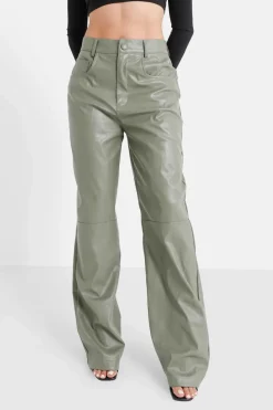 Pantalon Droit Simili Cuir Vert