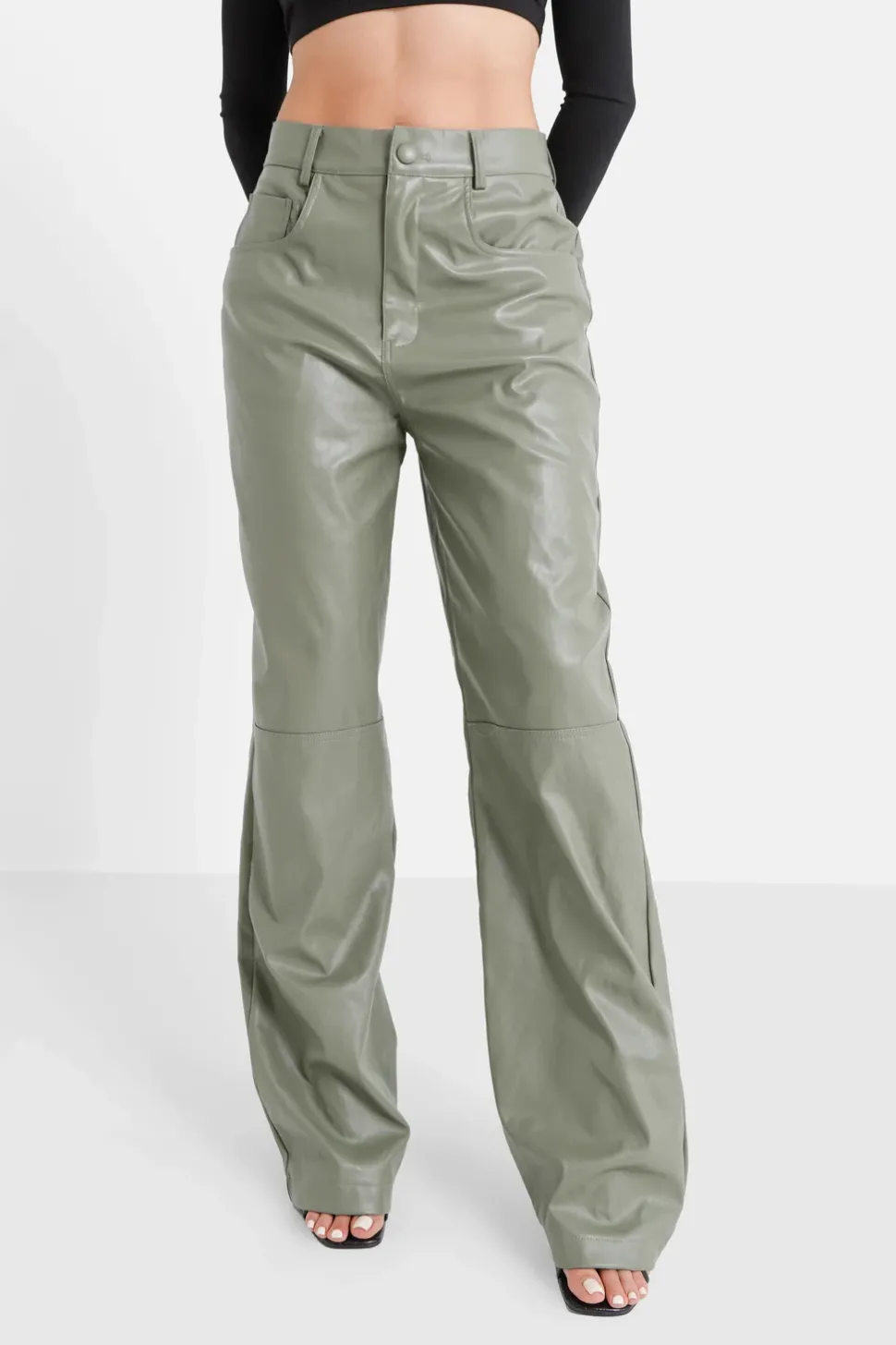 Pantalon Droit Simili Cuir Vert