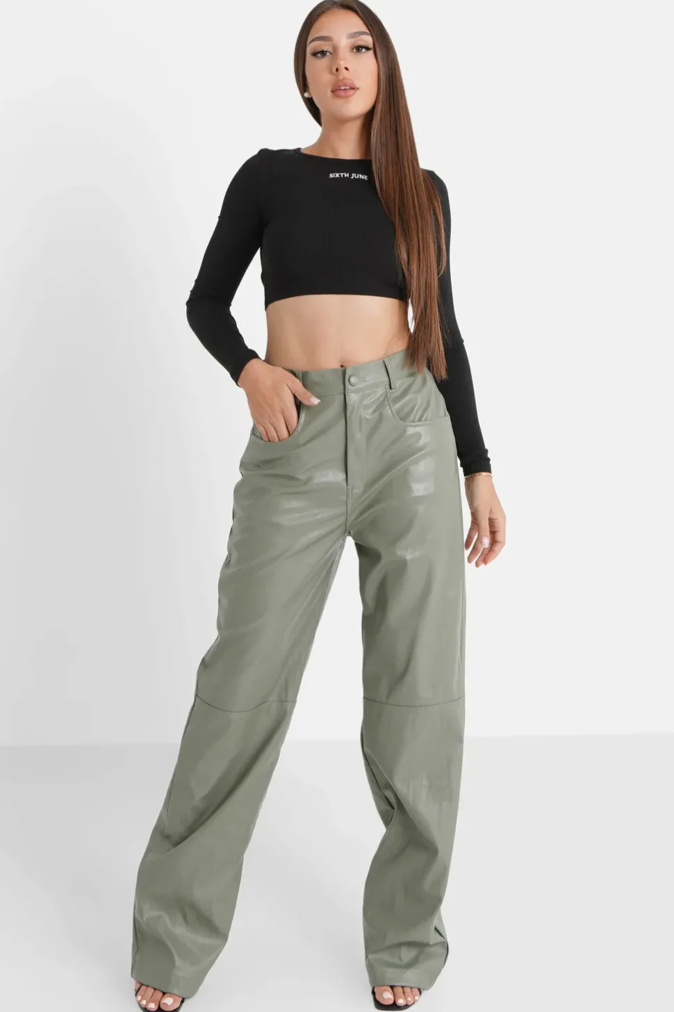 Pantalon Droit Simili Cuir Vert