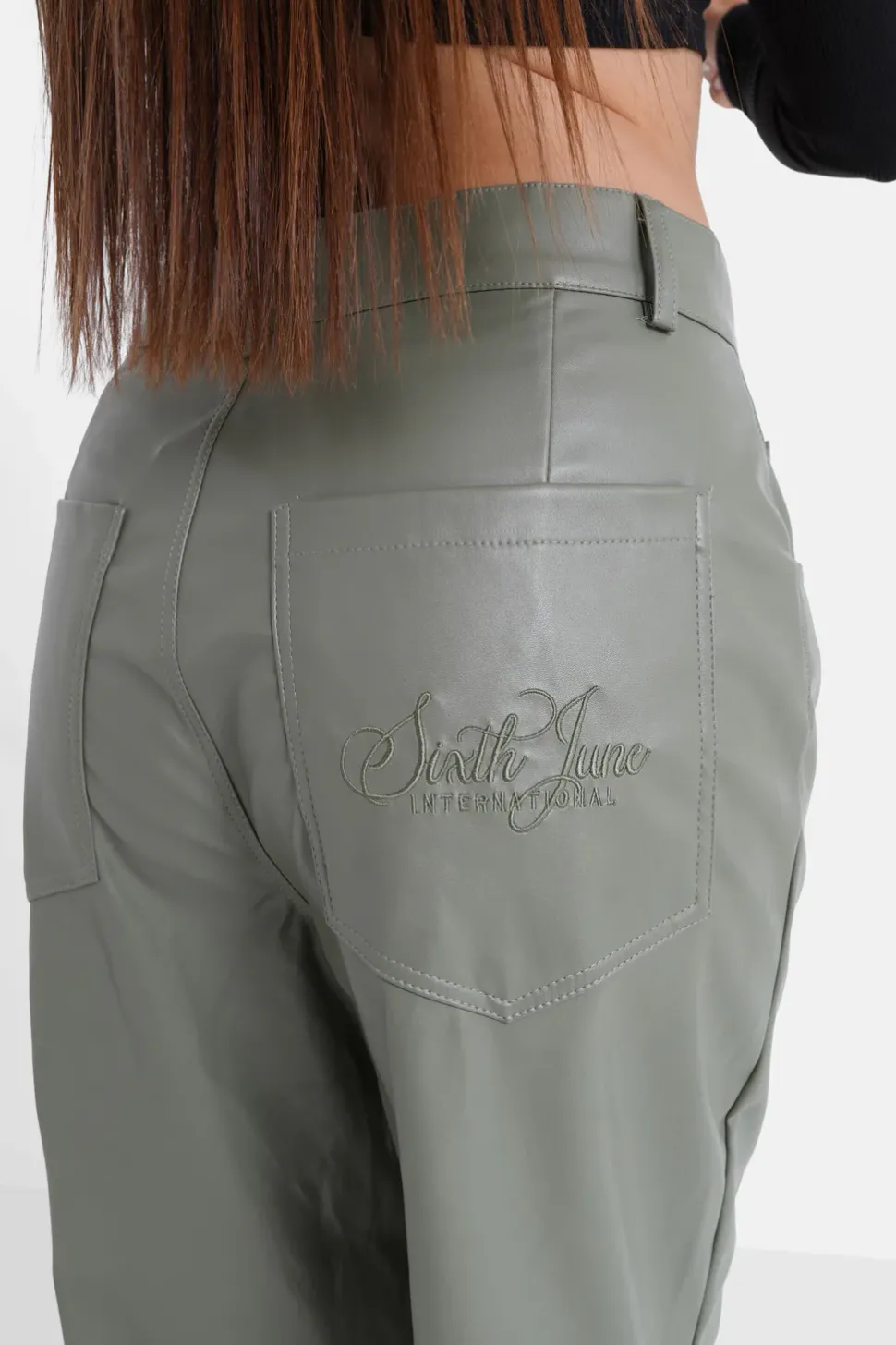 Pantalon Droit Simili Cuir Vert