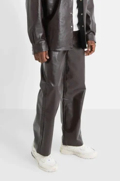 Pantalon Droit Simili Cuir Marron Fonce