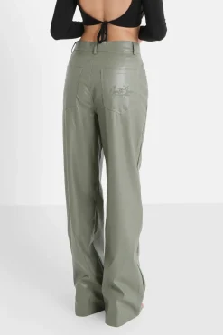 Pantalon Droit Simili Cuir Vert