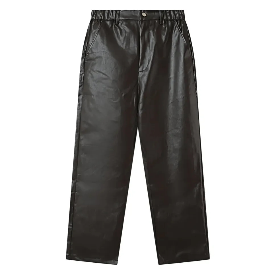 Pantalon Droit Simili Cuir Marron Fonce