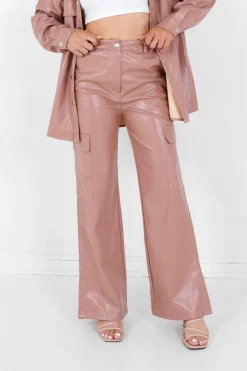 Pantalon Simili Cuir Fentes Rose
