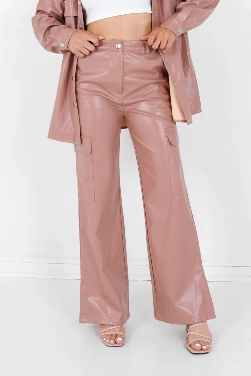 Pantalon Simili Cuir Fentes Rose