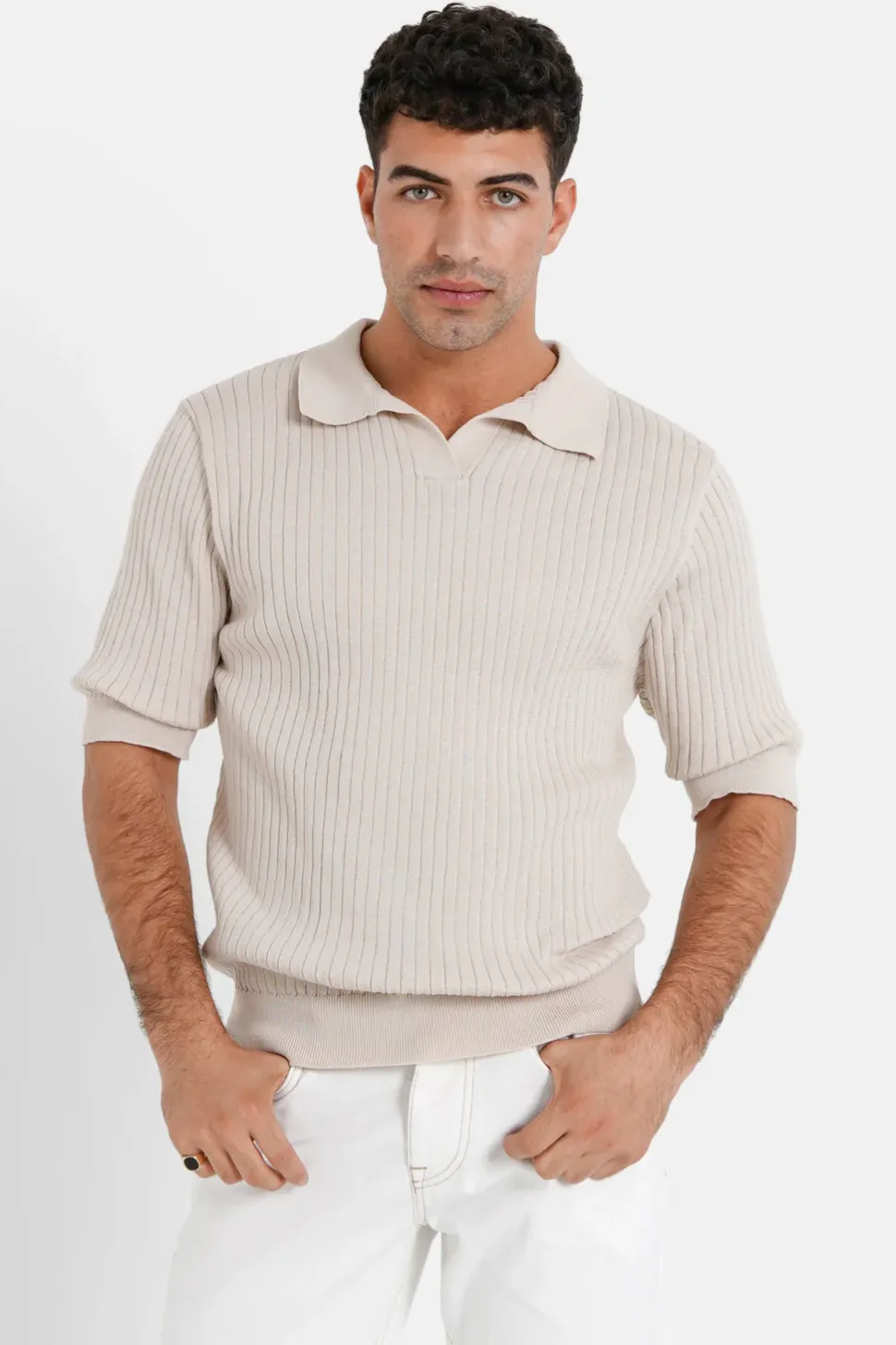Polo Cotele Manches Courtes Beige