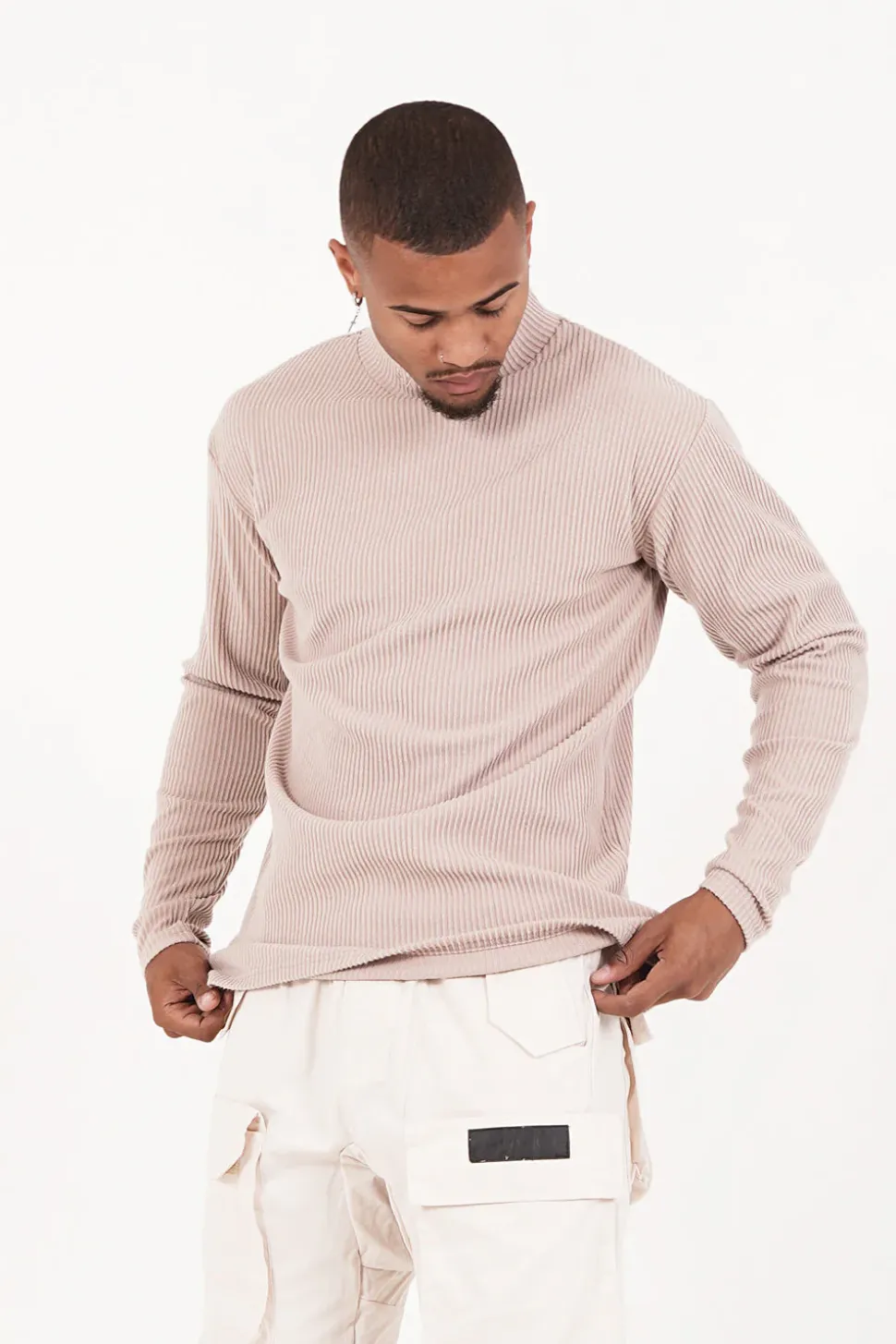 Pull Maille Cotele Col Beige Fonce
