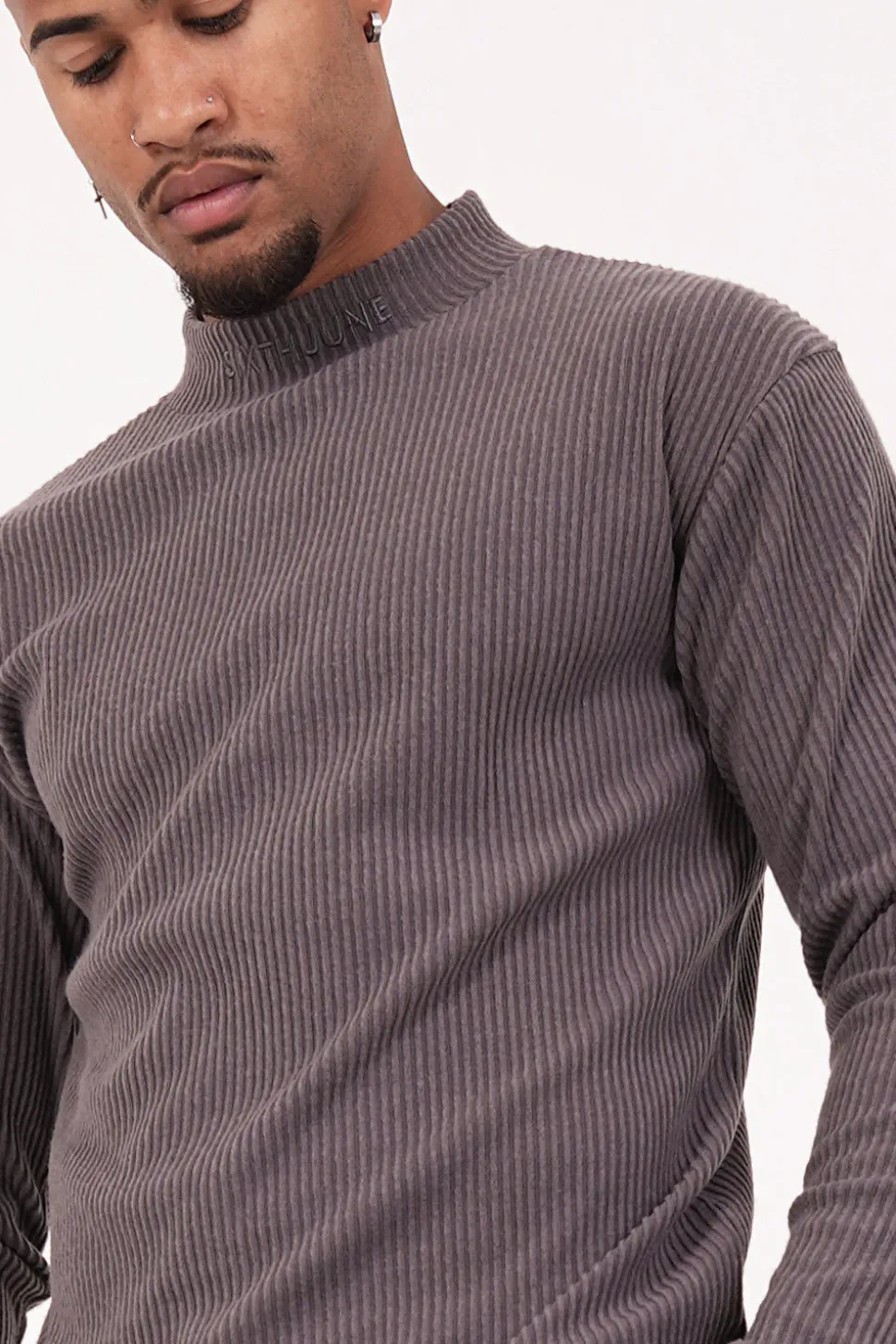 Pull Maille Cotele Col Gris Taupe