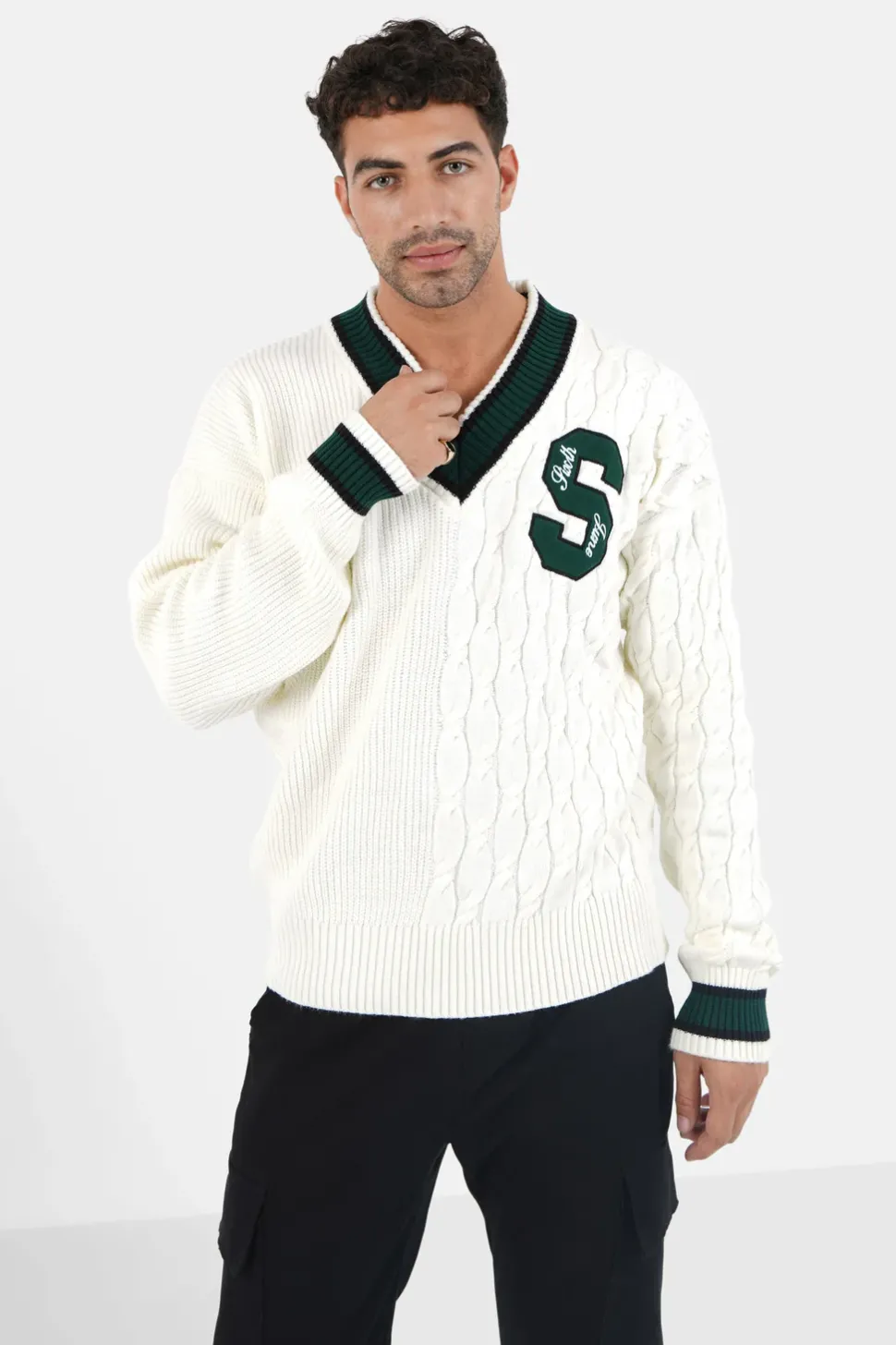 Pull Maille Cotele Col V Blanc Casse
