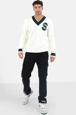 Pull Maille Cotele Col V Blanc Casse