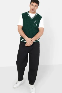 Pull Sans Manches Maille Broderie Vert Fonce