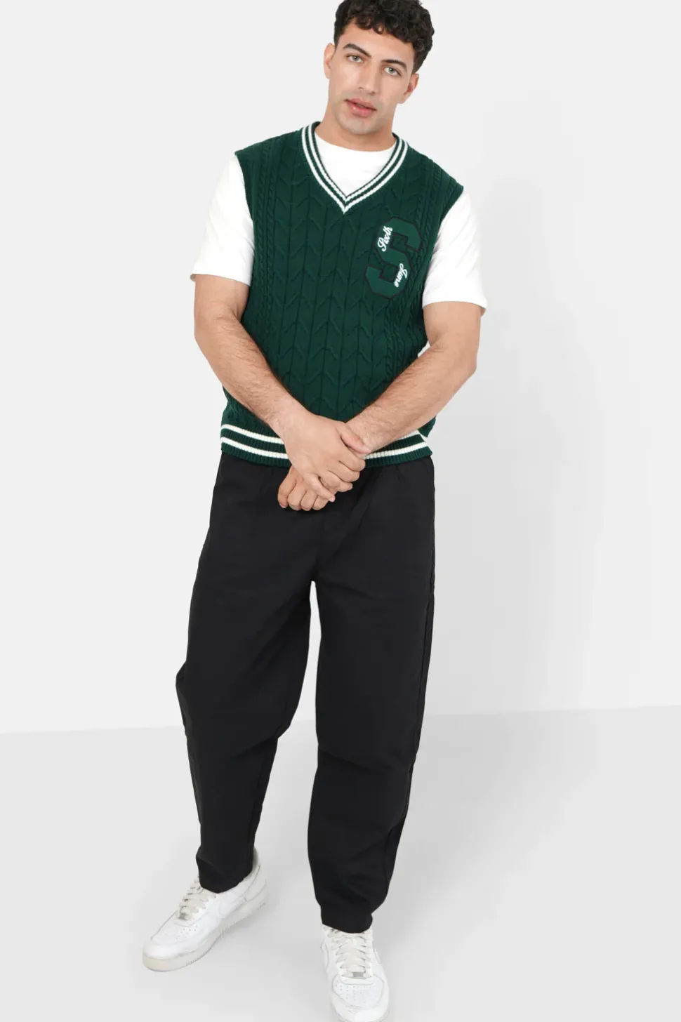 Pull Sans Manches Maille Broderie Vert Fonce
