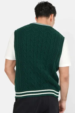 Pull Sans Manches Maille Broderie Vert Fonce