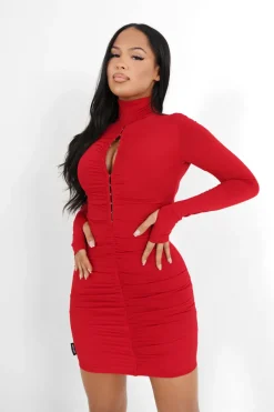 Robe Agrafes Manches Longues Rouge