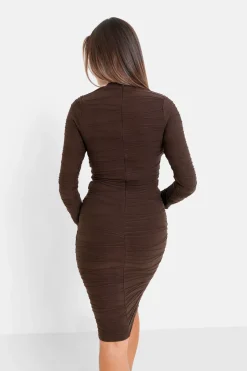 Robe Texture Manches Longues Marron Fonce