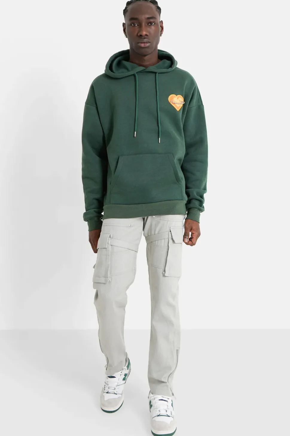Sweat Capuche Coeur Brode Molletonne Vert Fonce