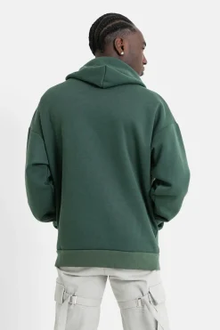Sweat Capuche Coeur Brode Molletonne Vert Fonce