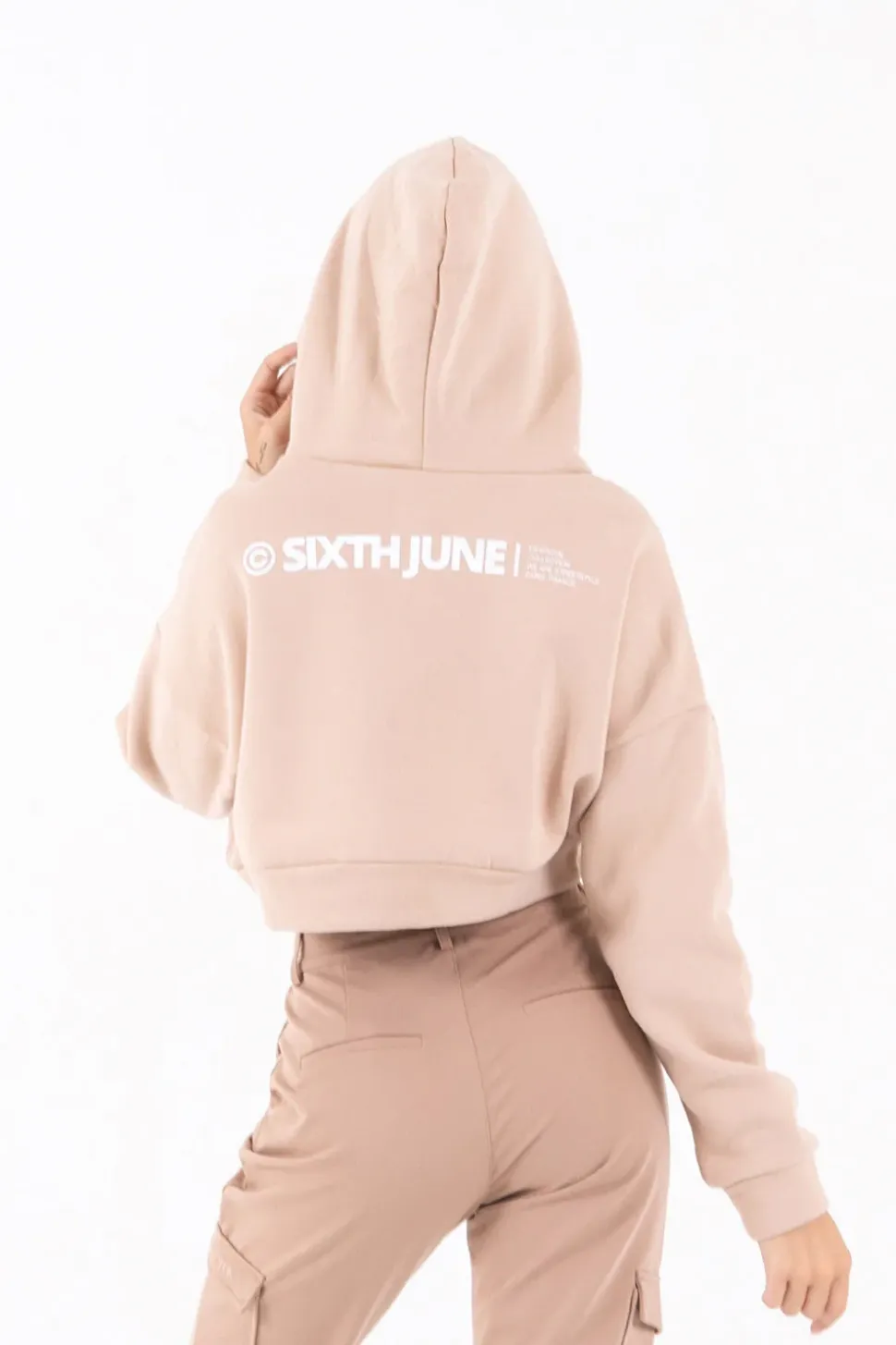 Sweat Capuche Court Logo Beige Clair