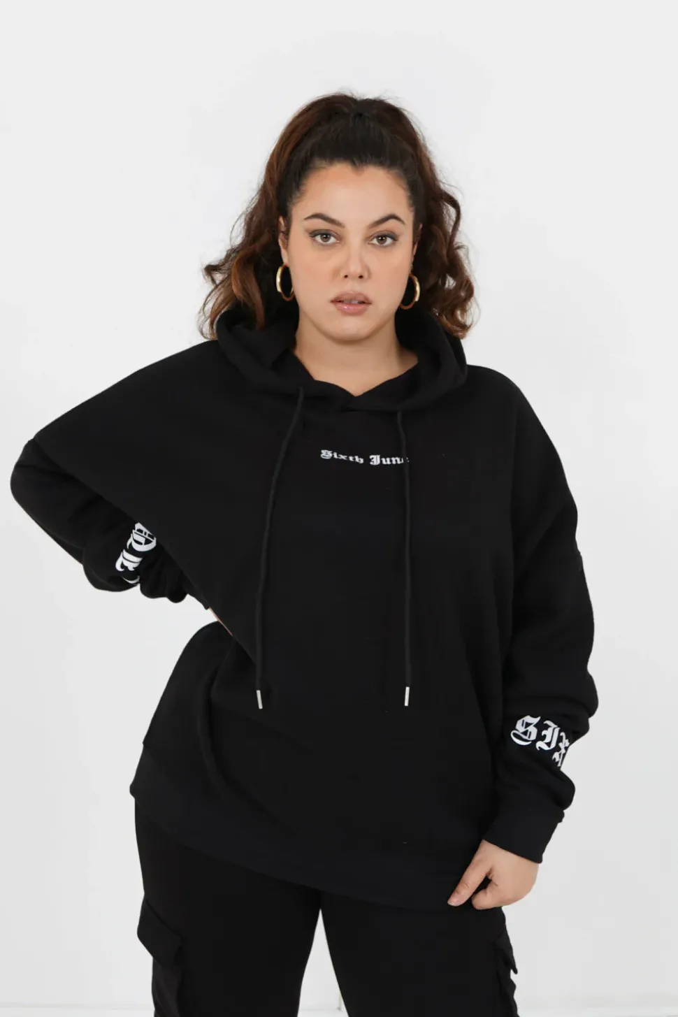 Sweat Capuche Crew Manches Curve Noir