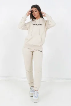 Sweatshirt Capuche Logo Brode Beige Clair