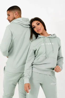 Sweatshirt Capuche Logo Brode Vert Clair