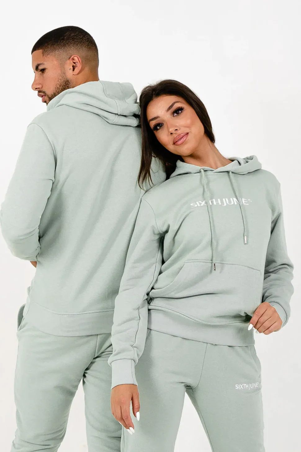 Sweatshirt Capuche Logo Brode Vert Clair